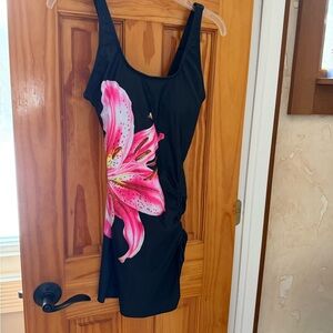 Black Scoop Neck swim dress with Pink Floral Print